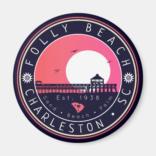 Folly Beach SC Souvenirs Retro Sunset Pier 60s Magneet (Voorkant)