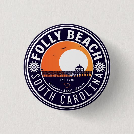 Folly Beach SC Souvenirs Retro Sunset Pier 60s Ronde Button 3,2 Cm (Voorkant)