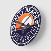 Folly Beach SC Souvenirs Retro Sunset Pier 60s Ronde Klok (Hoek)