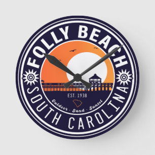 Folly Beach SC Souvenirs Retro Sunset Pier 60s Ronde Klok