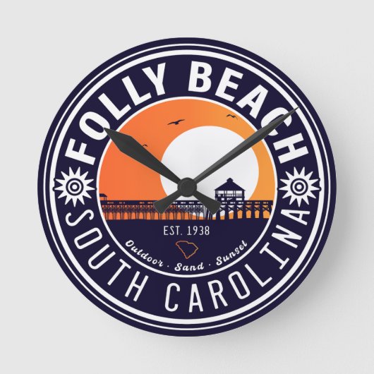 Folly Beach SC Souvenirs Retro Sunset Pier 60s Ronde Klok (Voorkant)