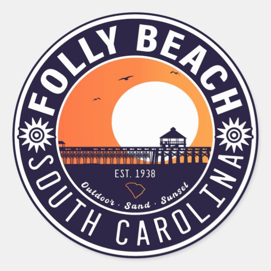 Folly Beach SC Souvenirs Retro Sunset Pier 60s Ronde Sticker (Voorkant)