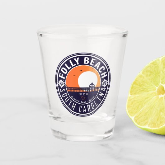 Folly Beach SC Souvenirs Retro Sunset Pier 60s Shot Glas (Voorkant)