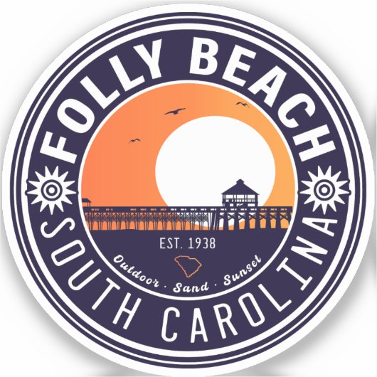 Folly Beach SC Souvenirs Retro Sunset Pier 60s Sticker (Voorkant)