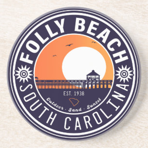 Folly Beach SC Souvenirs Retro Sunset Pier 60s Zandsteen Onderzetter