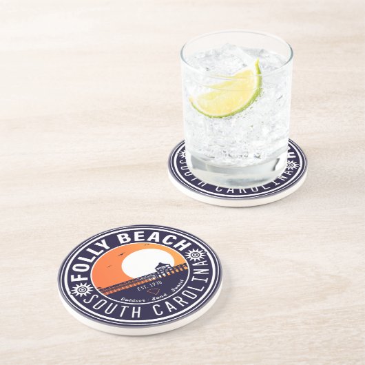 Folly Beach SC Souvenirs Retro Sunset Pier 60s Zandsteen Onderzetter (Zijkant)