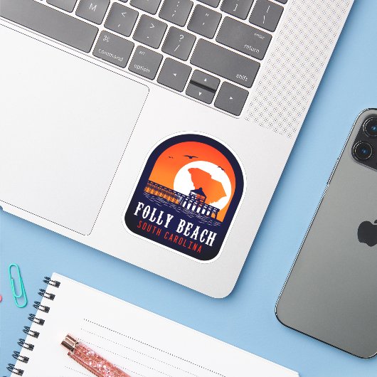 Folly Beach South Carolina Retro Souvenirs Sticker (Laptop met iPhone)
