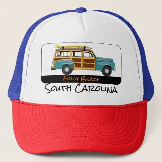 Folly Beach, South Carolina Surf Woody Trucker Hat Trucker Pet (Voorkant)