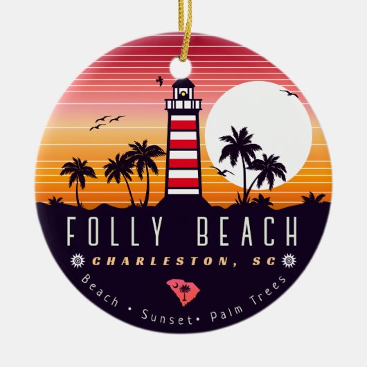 Folly Beach vuurtoren SC Retro Sunset Souvenirs Keramisch Ornament (Voorkant)