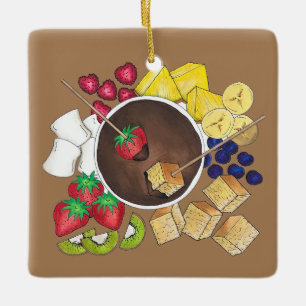 Fondue Fruit Cake Berries Marshmallow Dessert Food Keramisch Ornament