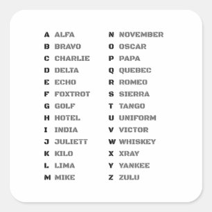Fonetic Alphabet Militaire ALFA-ZULU Vierkante Sticker
