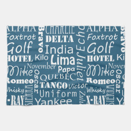 Fonetisch alfabet patroon wit op nautisch blauw theedoek