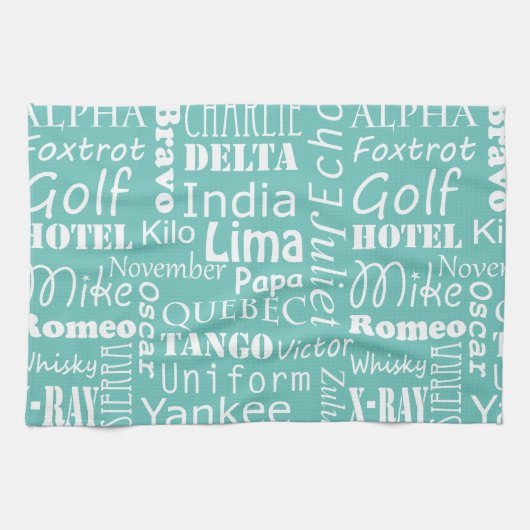 Fonetisch alfabet zinnen wit op Aqua Blue Theedoek (Horizontaal)