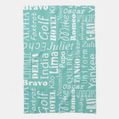 Fonetisch alfabet zinnen wit op Aqua Blue Theedoek (Verticaal)