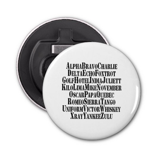 FONETISCHE ALFABET/CODE-WOORDEN BUTTON FLESOPENER (Voorkant)