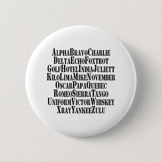 FONETISCHE ALFABET/CODE-WOORDEN RONDE BUTTON 5,7 CM (Voorkant)