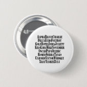 FONETISCHE ALFABET/CODE-WOORDEN RONDE BUTTON 5,7 CM (Voorkant /achterkant)