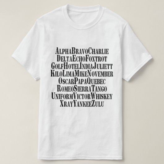 FONETISCHE ALFABET/CODE-WOORDEN T-SHIRT (Design voorkant)
