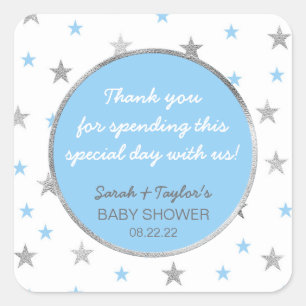 Fonkel de gunststicker van het Baby shower, blauw Vierkante Sticker