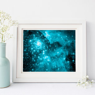 Fonkelende Aqua en Teal Hemelse Sterren Poster