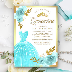 Fonkelende jurk Aqua Blauw Bloemig Goud Quinceaner Kaart