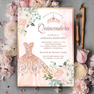 Fonkelende jurk Blush bloem Roze goud Quinceanera Kaart