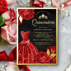 Fonkelende jurk rode rozen zwarte Quinceanera goud Folie Uitnodiging