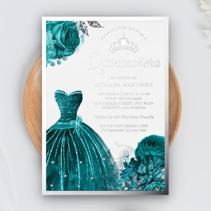 Fonkelende jurk turquoise rozen Quinceanera Folie Uitnodiging