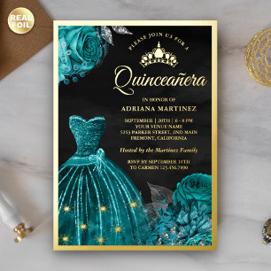 Fonkelende jurk turquoise rozen zwarte Quinceanera Folie Uitnodiging