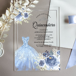 Fonkelende jurk zachte blauwe rozen zilver Quincea Acryl Uitnodigingen