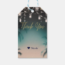 Fonkelende lichten Palmbomen Elegant strandhuwelij Cadeaulabel
