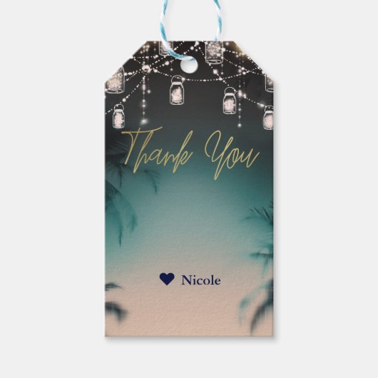 Fonkelende lichten Palmbomen Elegant strandhuwelij Cadeaulabel (Voorkant)