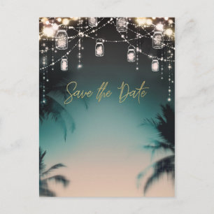 Fonkelende lichten Palmboom Strand Save the Date Aankondigingskaart