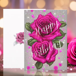 Fonkelende Roze Rozen op Zilveren Grijze Verjaarda Kaart