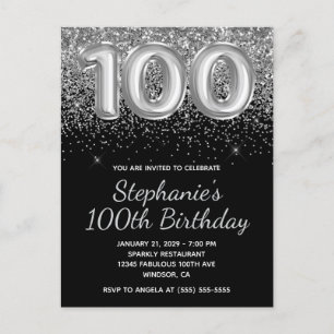 Fonkelende Zilveren Glitter Zwarte 100ste Verjaard Uitnodiging Briefkaart