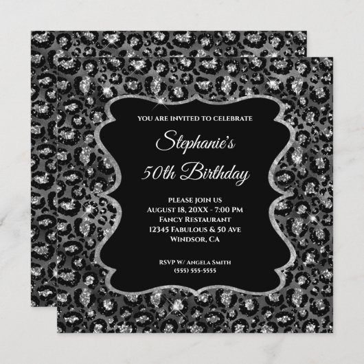 Fonkelende Zilveren Zwarte Luipaard Glam 50ste Ver Kaart (Voorkant / Achterkant)