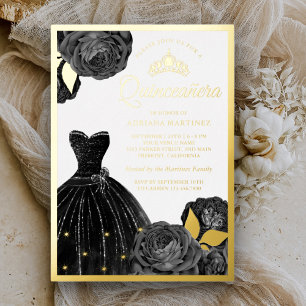 Fonkelende Zwarte Jurk Grijze Rozen Quinceanera Go Folie Uitnodiging