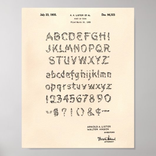 Font 1935 Patent Art Old Peper Poster (Voorkant)