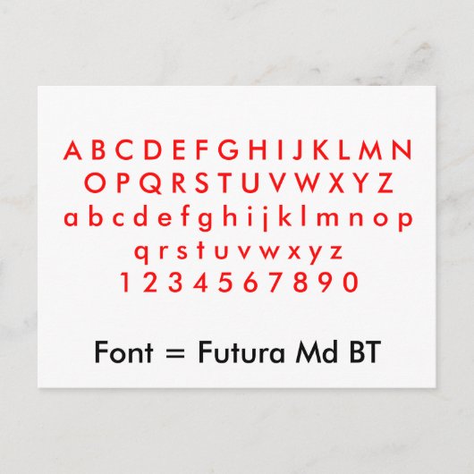 Font = Futura Md BT alfabet letters, digits Briefkaart (Voorkant)