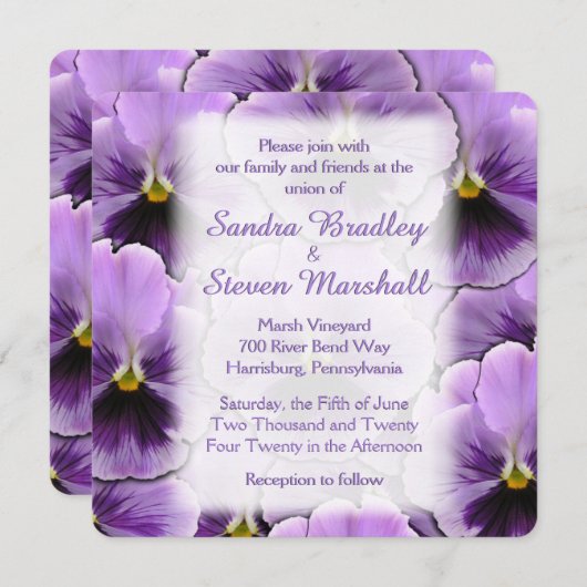 Font Paarse Pansy Wedding Uitnodiging (Voorkant / Achterkant)