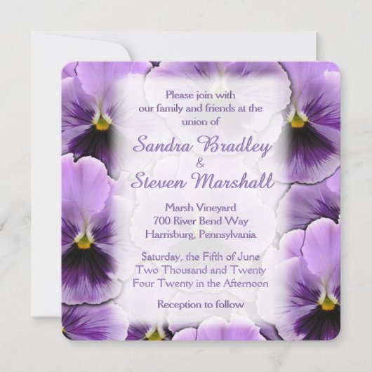 Font Paarse Pansy Wedding Uitnodiging (Voorkant)