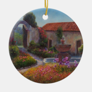 fontein en tuin bij Carmel Mission Keramisch Ornament