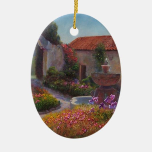 fontein en tuin bij Carmel Mission Keramisch Ornament (Voorkant)