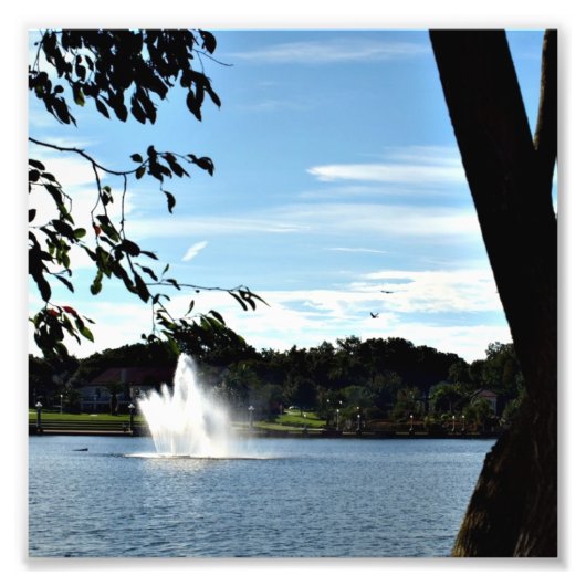 fontein op Lake Mirror op een Foto Afdruk (Voorkant)