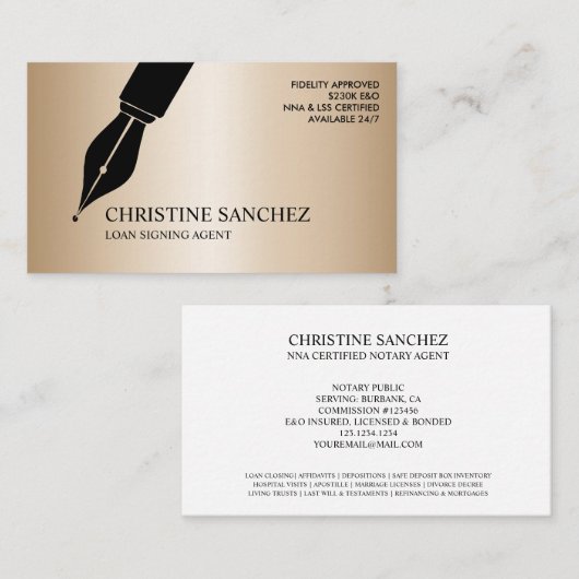 FONTEINPEN OPENBARE NOTARIS ZANGAGENT GOUD VISITEKAARTJE (Voorkant / Achterkant)