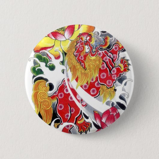Foo Dog & Lotus Tattoo Design Ronde Button 5,7 Cm (Voorkant)