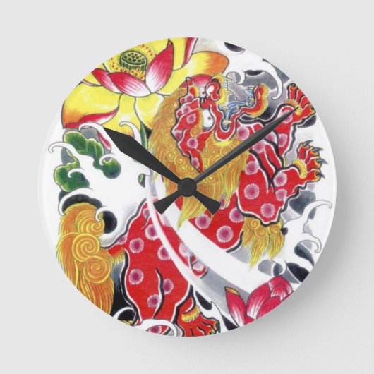 Foo Dog & Lotus Tattoo Design Ronde Klok (Voorkant)