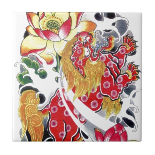Foo Dog & Lotus Tattoo Design Tegeltje (Voorkant)