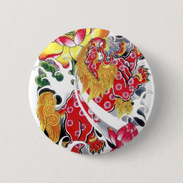 Foo Dog & Lotus Tattoo Ontwerp Ronde Button 5,7 Cm
