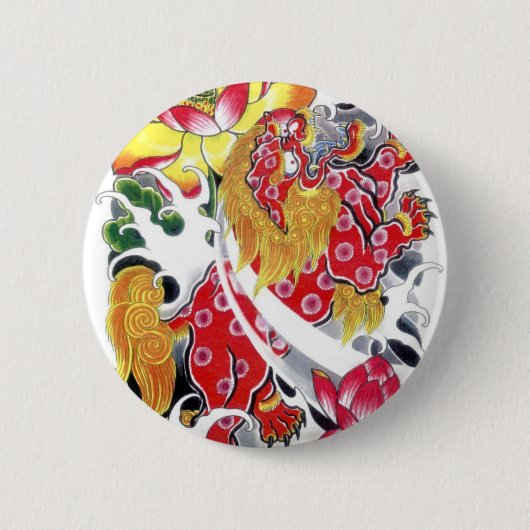 Foo Dog & Lotus Tattoo Ontwerp Ronde Button 5,7 Cm (Voorkant)